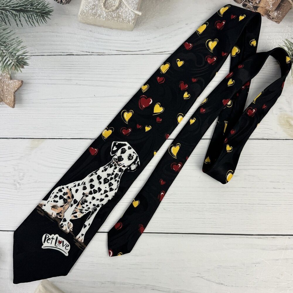 Pet Love‎ Hallmark Men's Necktie Tie Polyester Jacquard Dalmatian Dog Hearts EUC